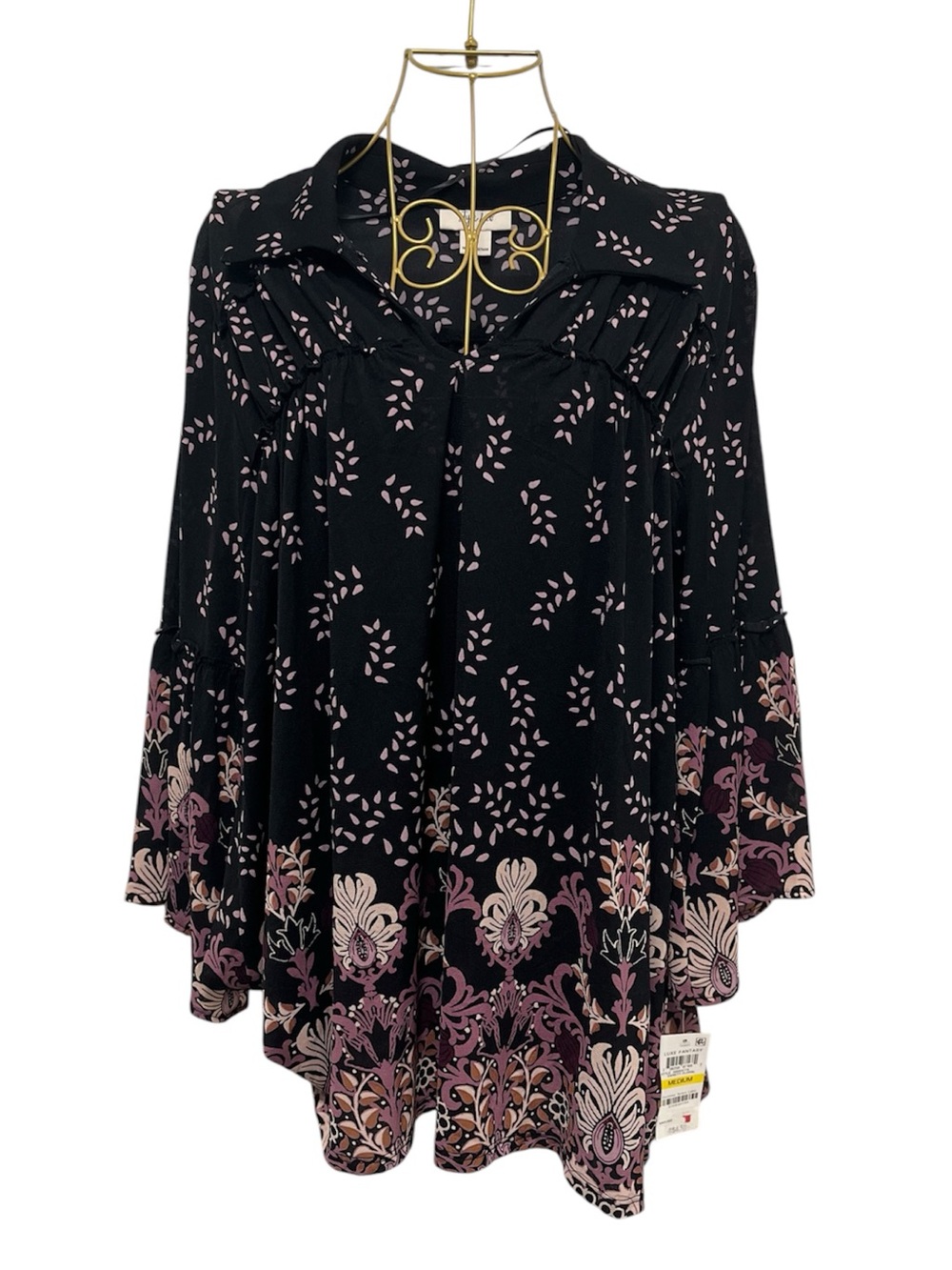Style & Co NWT Luxe Fantasy Black Floral Border Print Bell Sleeve Top Size M